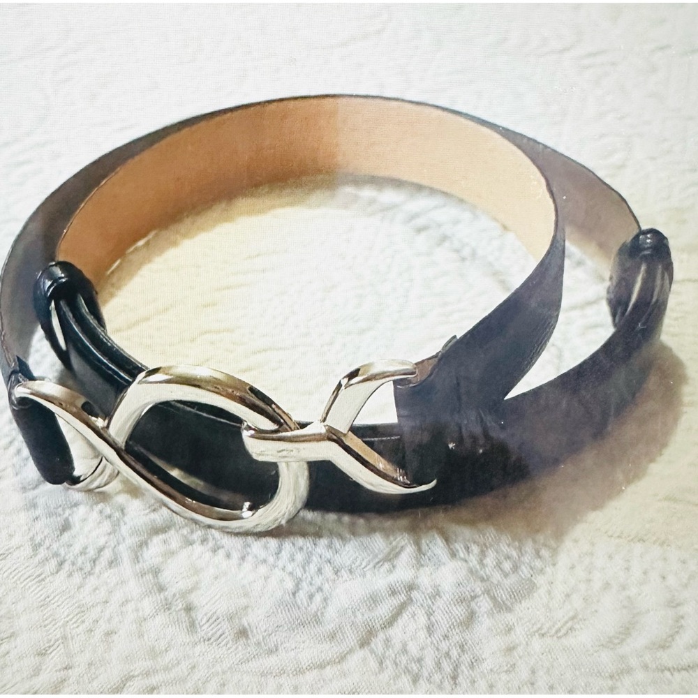 ELLEN TRACY BELT Croc Leather-like Black Silver Adjustable EUC Sz 23 - 41”